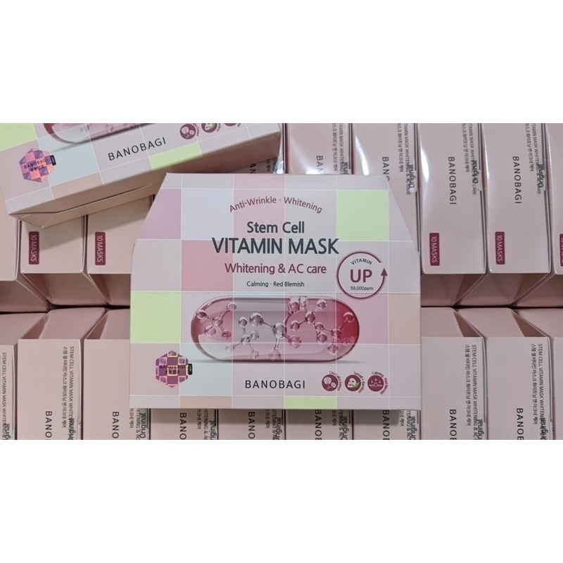 Mặt Nạ Thuốc Banobagi Stem Cell Vitamin Mask Whitening & Ac Care Calming Red Blemish Màu Hồng Sáng Trắng Hồng, Làm Mờ Các Đồm Nâu Hộp 10 Miếng