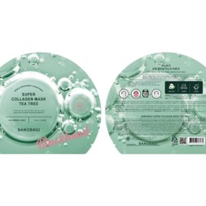 Nạ banobagi super collagen mask tea tree có thành phần chính là chiết xuất tràm trà giúp làm mát và dịu da, kháng viêm, kháng khuẩn, làm giảm mụn đầu đen, cho da khỏe đẹp, mịn màng.