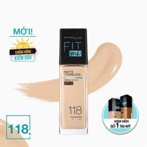Maybelline new york fit me matte poreless foundation spf22 30ml #118 light beige, kem nền maybelline mịn nhẹ kiềm dầu chống nắng spf 22 30ml #118 light beige